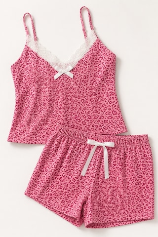Bravie Kadın Büyük Beden İp Askılı Yakası Dantelli Çiçek Desenli Yazlık Pijama Takımı Pembe