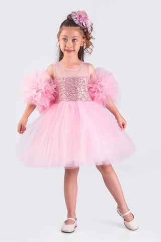 Kız Çocuk Abiye Elbise Ponpon Kol Pul Payetli Tütülü Pembe