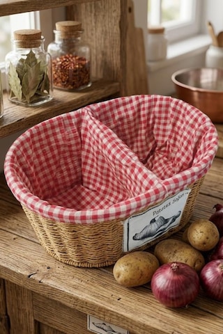 Atbyhome Oval Rattan Hasır Patates Soğan Çift Bölmeli Sepet Düzenleyici Organizer Kahverengi