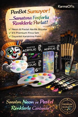 Premium Akrilik Boya Seti 12 Renk 6 Neon & 6 Pastel +fırça Seti+palet Hobi & Profesyonel Kullanım Krem