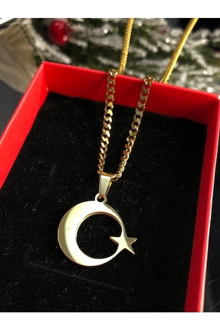 Vog 2 Cm Ay Yıldız Türk Bayrağı Sevgiliye Eşe Babaya Arkadaşa Hediye Sarı Çelik Kolye Sarı