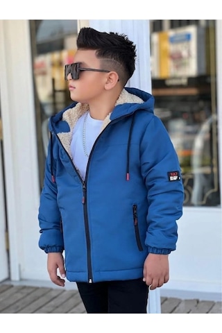 Pina Kids Erkek Çocuk Kürklü Çıkarılabilir Kapüşonlu Oversize Kışlık Mont Km4030 Saks