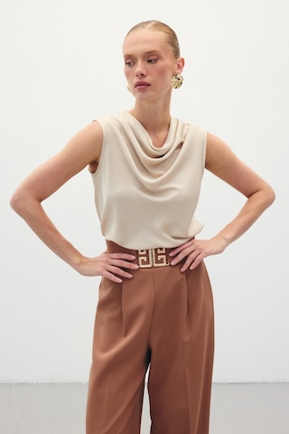 Sateen Degaje Yaka Saten Bluz - Bej-136197 Bej