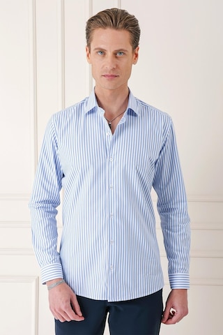 Efor Slim Fit Dikine Çizgili %100 Pamuk Klasik Mavi Beyaz Gömlek Gk 721 Mavi - Beyaz