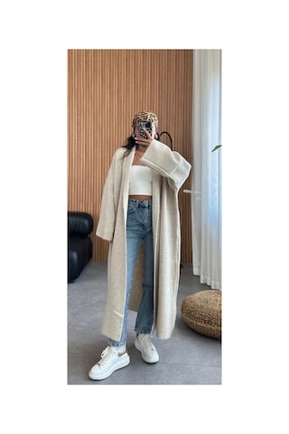 İkrafashion Maxi Boy Uzun Tesettür Triko Hırka Krem Krem