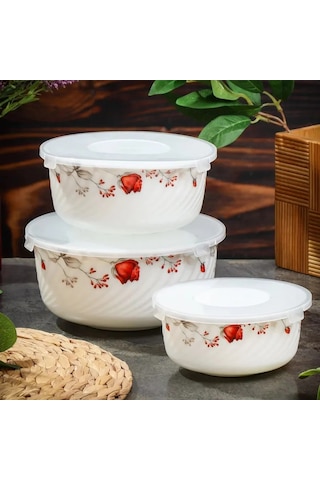 Daniks Cam Seramik Kapaklı 3'lü Salata Kasesi Seti, Veronika 225520488 Beyaz