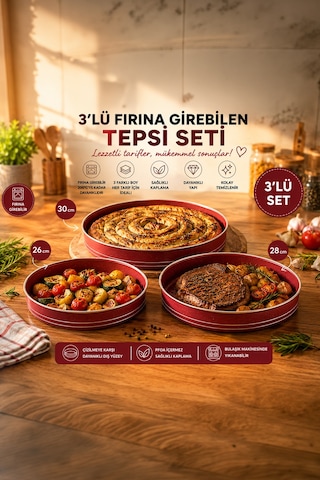 Porsima Montella 3lü Tepsi Seti Fırın Tepsisi 26-28-30cm Kızıl Kırmızı