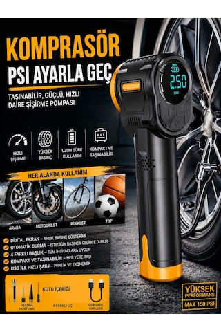 3600mah 150psı Lcd Ekranlı Kompresörlü Araç, Motosiklet, Scooter,