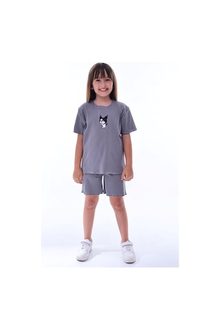 Ribana Beybi Overlok Detaylı Kuromi Nakışlı Alt-üst Takım Füme