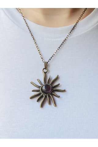 Esha Store Doğal Taş Ametist Doğal Taşlı Güneş Desen Kadın Doğal Taş Otantik Kolye Euk7amt Mor