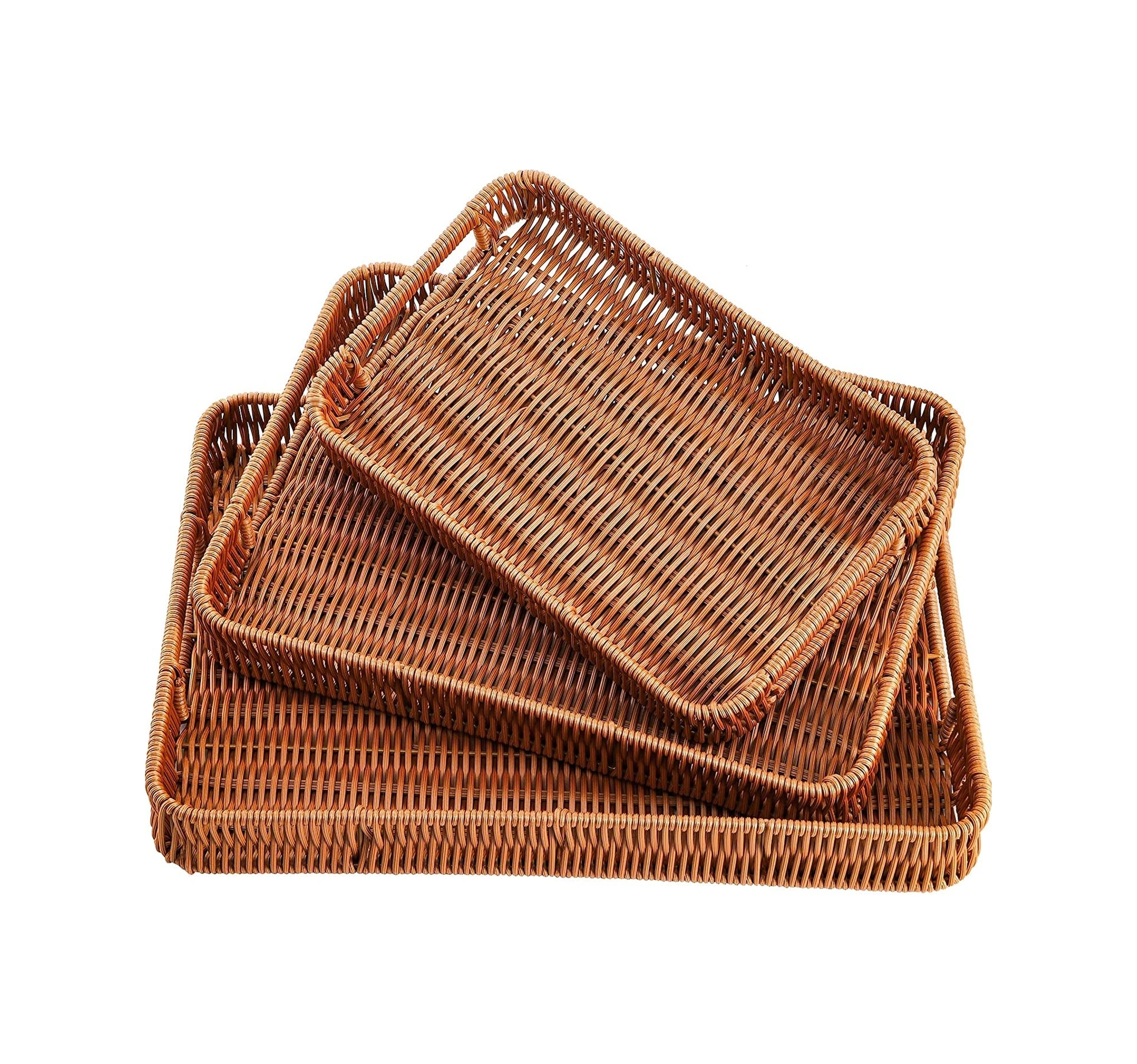 Qerhome 3'lü Rattan Servis Tepsisi Dikdörtgen 30-35-40 Cm Kahverengi