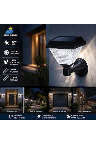 Güneş Enerjili 30w Solarlı Led Aplik Beyaz Işık Ct-7316 Siyah