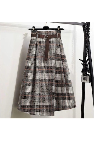 Sonbahar Ve Kış Kadın Etek Yüksek Bel A-line Etek Vintage Ekose Elastik Bel Yün Ekose Etek Haki