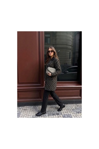 Onno Style Women Desenli Çelik Örgü Uzun Triko Kadın Kaban Siyah
