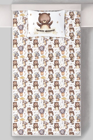 Organik Tek Kişilik Lastikli Çarşaf Seti - Minik Dostum Ayıcık Renkli