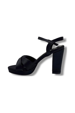 Erbay 308-26 Parlak Saten Çapraz Bant Kalın Topuk Kadın Sandalet 11cm Siyah