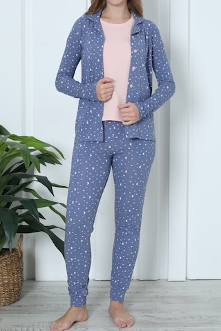 Kadın Pijama Uzun Kollu Düğmeli Pijama Takımı Cepli Pamuk 3 Lü Takım Kısa Kollu Indıgo İndigo