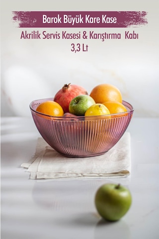 Akrilik Barok Mürdüm Büyük Kare Meyve & Salata Kasesi & Karıştırma Kabı / 3,3 Lt Cam Değildir Stantart