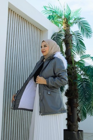 Belden Bağcık, Çıtçıt Ve Fermuar Detaylı Kapşonlu Kısa Deri Mont Brc6266 Gri