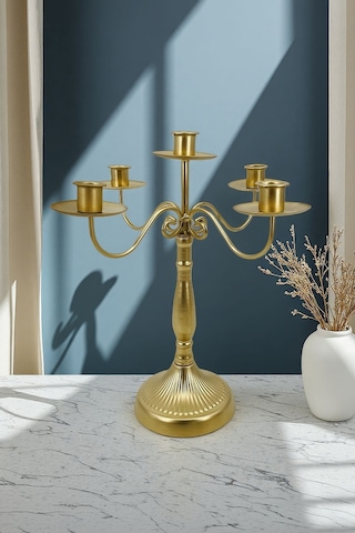 5 Gözlü Şık Restoran Düğün Şamdan Dekoratif Metal Mat Gold Mumluk Mt282sr Altın