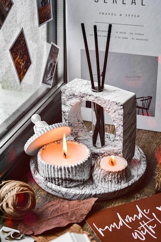 Mermer Desen Tasarım Kokulu Soya Mum, Vazo, Tealightlık, Tepsi Ve 001