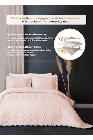 Evlen Home Ollie %100 Pamuk Yatak Örtüsü Pike Takımı Çift Kişilik Ponponlu Kapitone Günlük Pudra