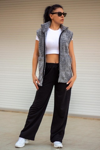 Kadın Gri Peluş Welsoft Kalın Fermuarlı Hakim Yaka Yelek 23kylkmy10 001