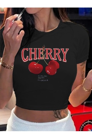 Alyn Wear Kadın Kısa Kollu Bisiklet Yaka Desenli Krop Bluz Siyah