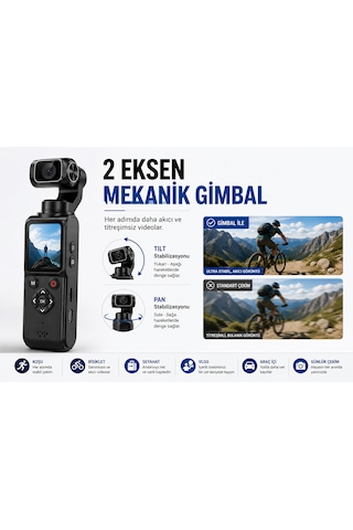 4k Vlog Kamerası 64mp 2 Eksen Mekanik Gimbal 330 Akıllı Yüz Takibi 1.7'' Hd Dokunmatik Ekran Wifi Webcam Type-c