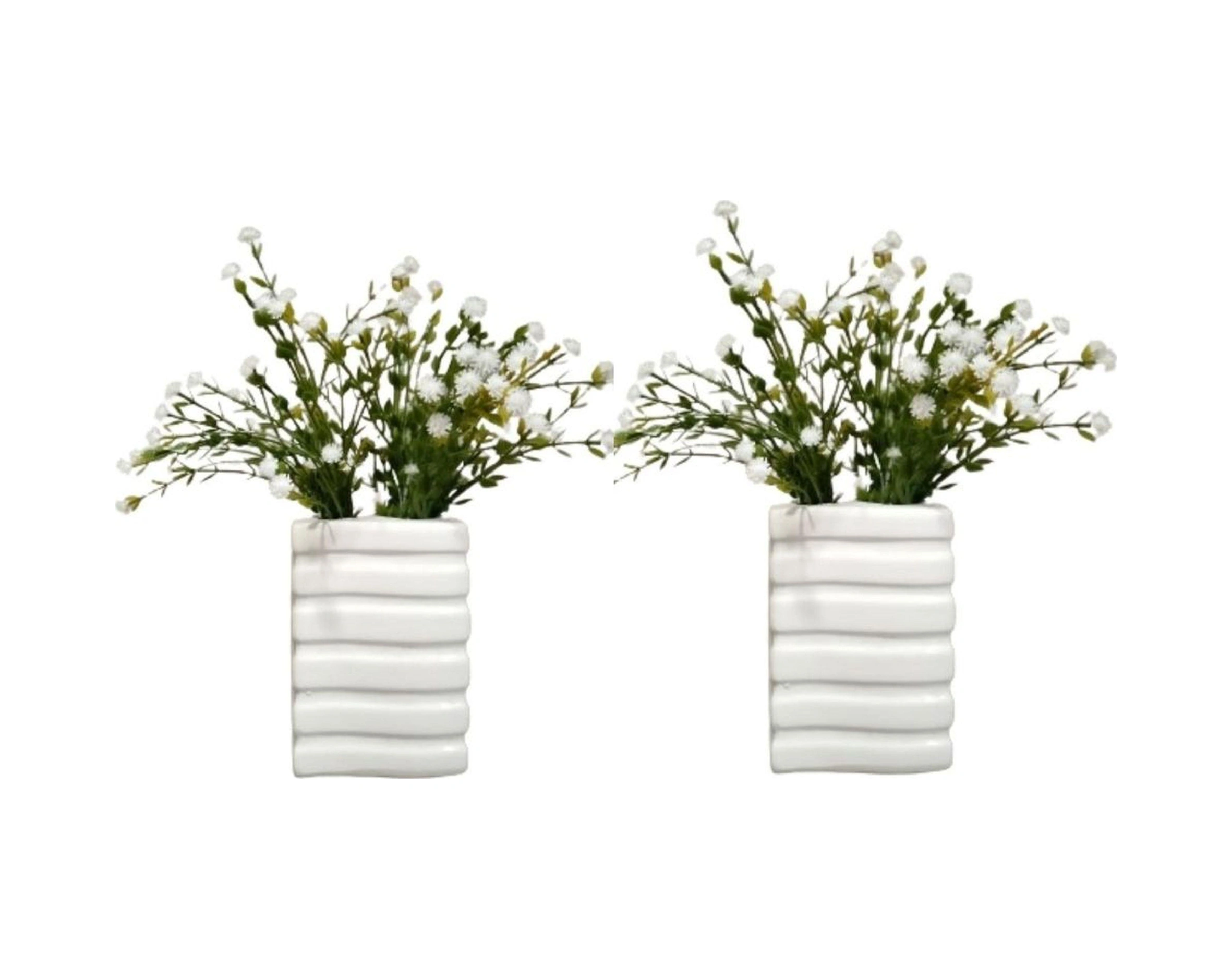 2 Adet Vazo Dahil,vazoda Çiçek,beyaz Yapay Çiçek,vazo Dekoratif Kare Çizgili 8x6x16cm Çok Renkli