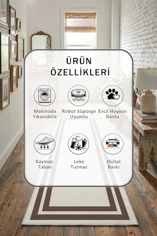 Çerçeve Krem Kahve Yıkanabilir Yolluk