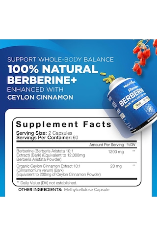 Nutrivein Premium Berberine Hcl 1200 Mg Ceylon Cinnamon 120 Caps