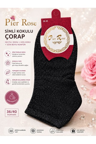 Pier Rose Simli Kadın Çorap Kokulu Parlak Soket Çorap 6 'lı Paket Siyah Simli