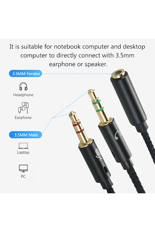 Hombey 25cm Gümüş Nylon Dokuma Ses Kablosu - İki 3.5mm Erkekden Tek 3.5mm Dişeye Çevirici