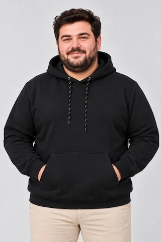 Suma Erkek Büyük Beden Üç İplik Şardonlu Kapüşonlu Kanguru Cepli Sweatshirt - Siyah