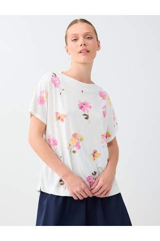 Jimmy Key Jimmy Key Kırık Beyaz Floral Desenli Düşük Omuz Modal Bluz 6sw037767106