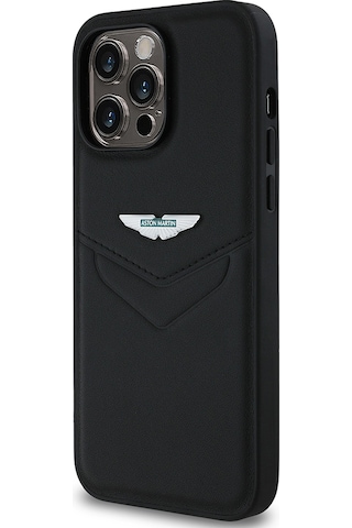 Apple Uyumlu iPhone 14 Pro Max Kılıf Aston Martin Lisanslı Victory Dizayn Deri Metal Logolu Kapak Siyah