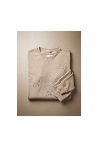Deniva Kids Kız Çocuk Bej Taş İşlemeli Bisiklet Yaka Pamuklu Sweatshirt Bluz