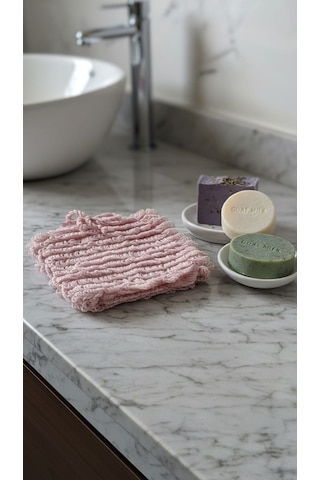 El Yapımı Pudra Pembe Püsküllü Orlon Eldiven Banyo Lifi