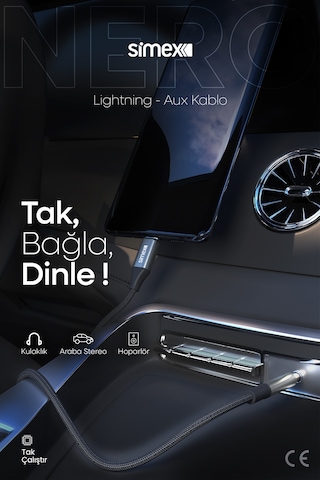Simex Apple Uyumlu iPhone Lightning To 3.5mm Kumaş Aux Ses Kablosu Stereo Destekli 1.1m Nero Kumaş siyah