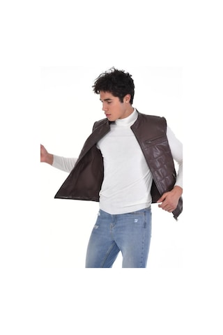 Hakiki Deri Kahverengi Üç Cepli Erkek Deri Yelek Koyu Kahverengi