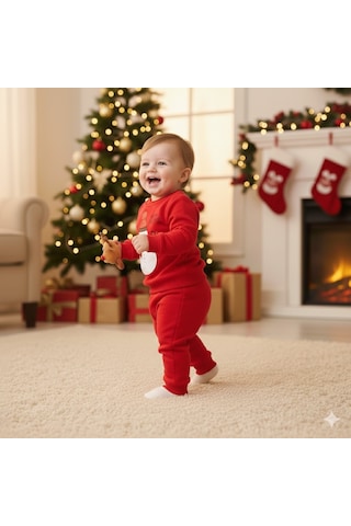 Miniko Kids Bebek Yılbaşı Noel Temalı Kardan Adam Baskılı Eşofman Takımı Kırmızı