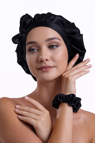Silkwormlife %100 Saf Ipek, Uzun Bağcıklı Lüks Gece Bakim Bonesi Siyah