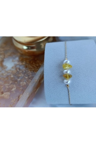 Altın Kaplama Gerçek Kehribar Mini Gold Detaylı Tasarım Bileklik Gold