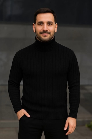 Efnaz Style Erkek Balıkcı Yaka Bağazlı Triko Kazak Pamuklu Kalın Fitilli Dokuma, Regular Fit Uzun Kollu Kışlık Model - Siyah