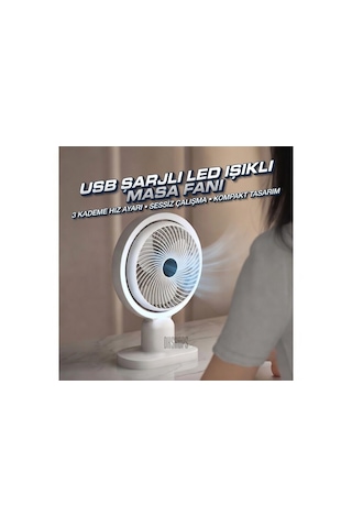 Usb Şarjlı Lambalı Masaüstü Mini Fan 3 Kademeli Hız Ayarlı 180 Derece Vantilatör