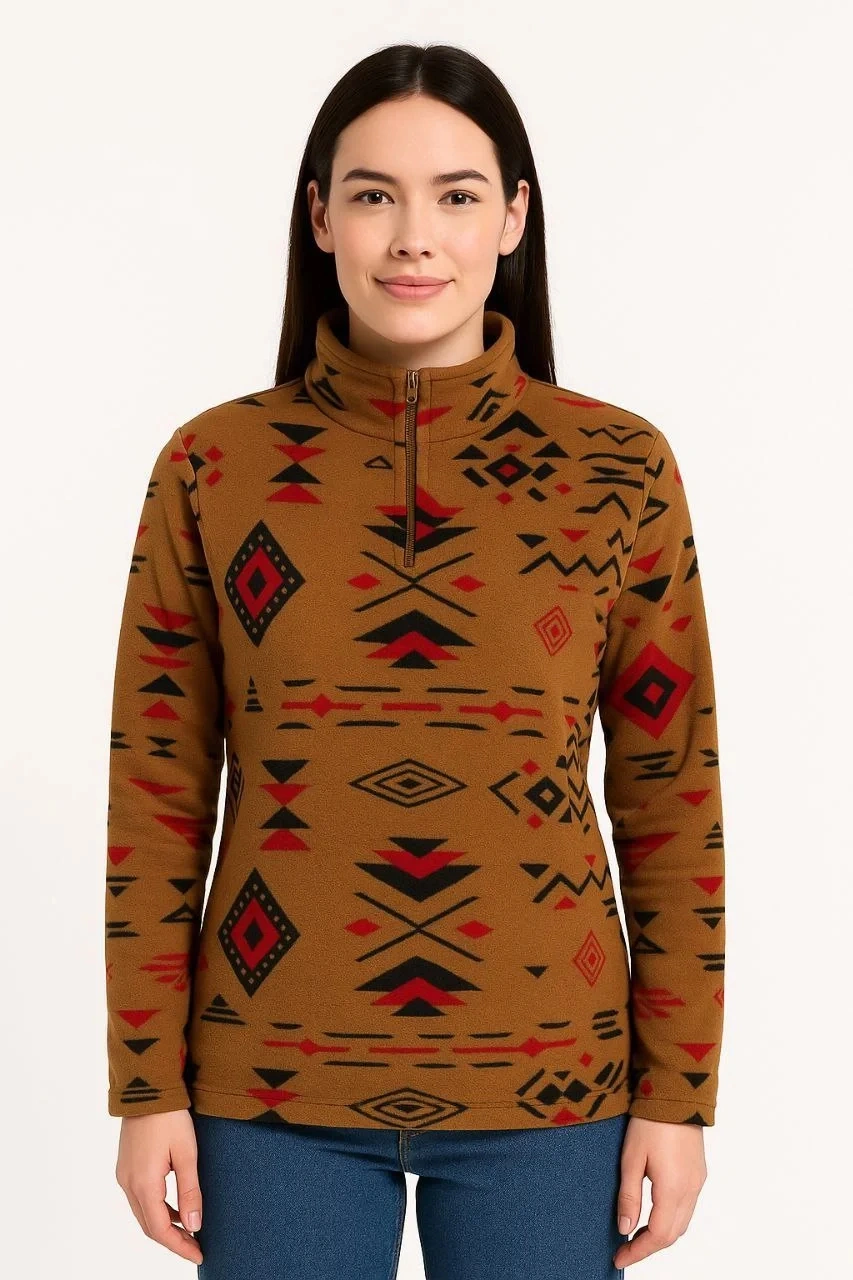 Kadın Yarım Fermuarlı Desenli Polar Sweat Tribal Etnik Desen Yakalı, Uzun Kollu, Oversize Rahat Kalı Kahverengi