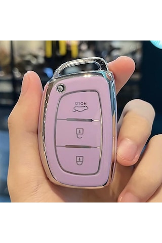 Neevoyu Modern Araç 3 Tuşlu Anahtar Koruması Tpu Malzeme - Kırılma Ve Tozdan Koruma, Sinyal Kararlılığı - Pembe Mor + Gümüş Kenar İx35/i40/i20/途胜/伊兰特 Vb. Uygulanır