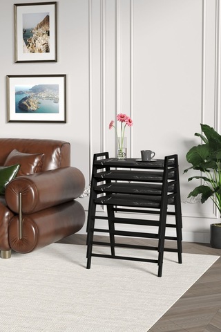 Zigon Sehpa , Aden 4'lü Tepsi Zigon Sehpa Takımı Siyah Metal - Siyah Mermer Tabla Siyah-siyah Mermer