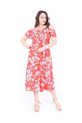 Kolları Volanlı Elbise-589 Kırmızı